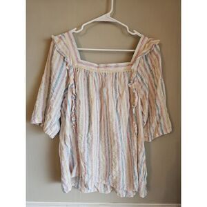 Chaps Womens Ruffle Blouse Petite Xl Peasant Flowy Cottage Striped Shirt Top